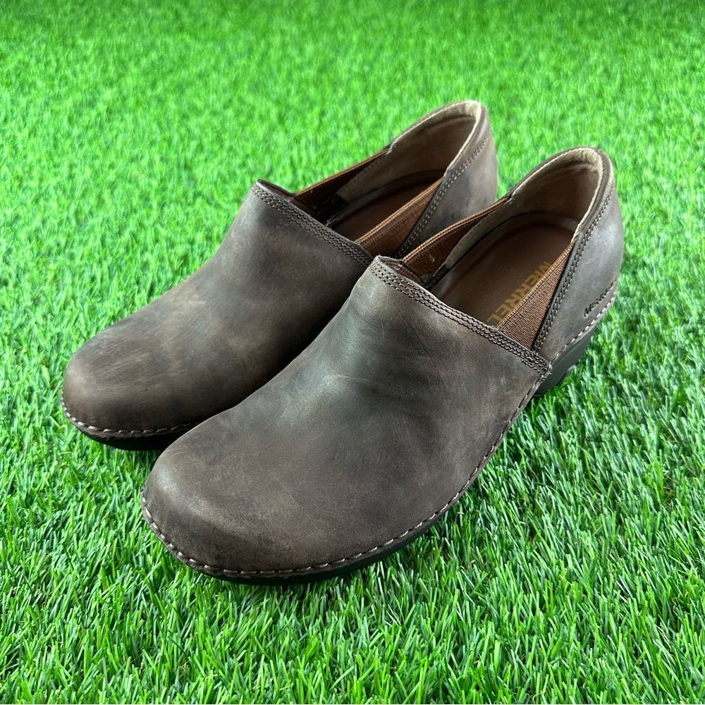 Merrell Emma Leather Brunette Womens Size 6.5 Brown Walking Clogs Shoes Slip On